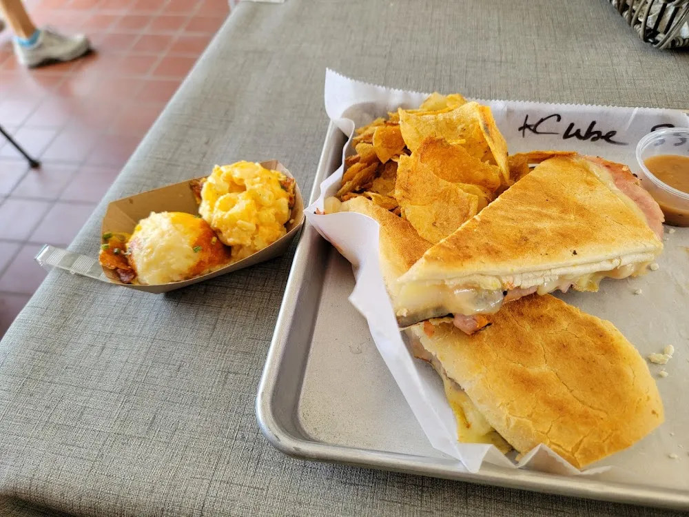 Cubano Sandwich with Signature Sides Mac N Cheese and Bakes Potato Casserole