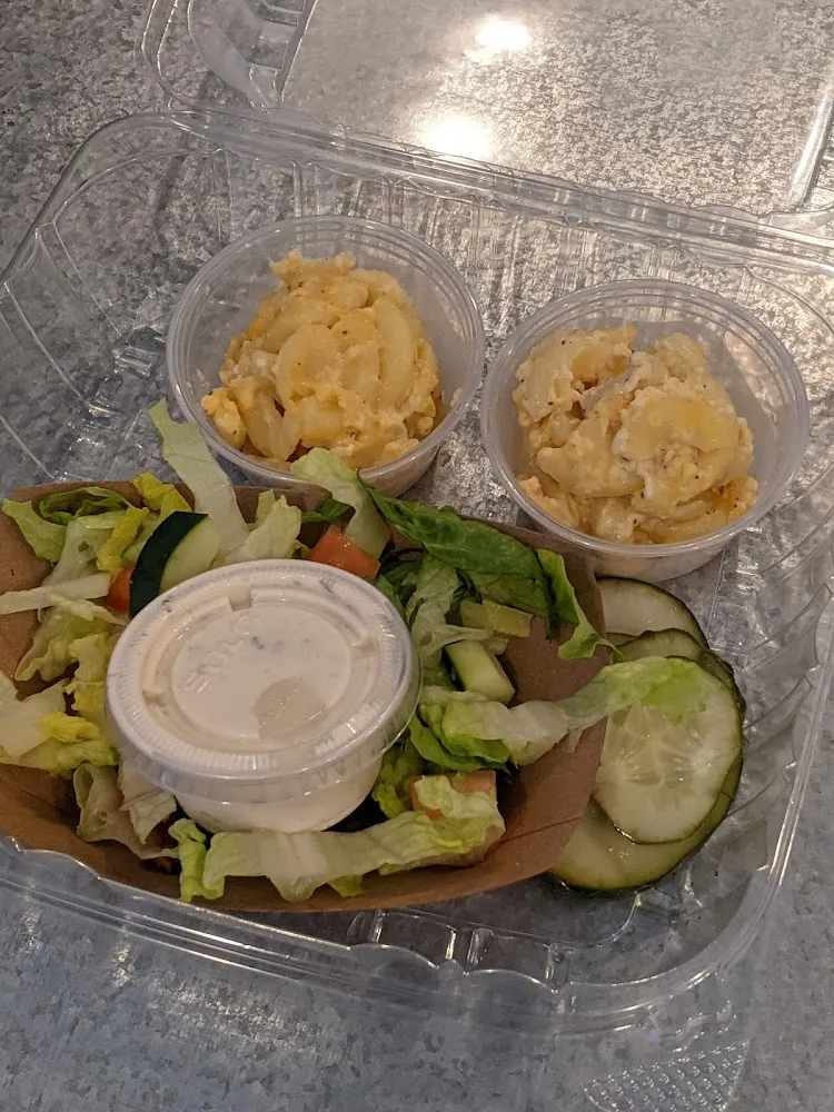 Salad with Homemade Ranch Homemade Pickles and Mac and Cheese